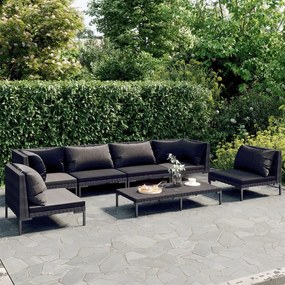 vidaXL 7 pcs conj. lounge jardim c/ almofadões vime PE cinzento-escuro