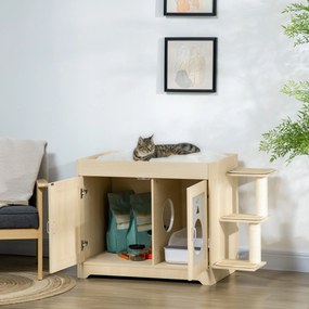 Caixa de Areia para Gatos de Madeira com 2 Portas Móvel para Caixa de Areia com Cama Almofada Suave 3 Plataformas e Postes de Sisal 107x54x70cm Carval