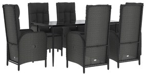 7 pcs conjunto de jantar p/ jardim c/ almofadões vime PE preto