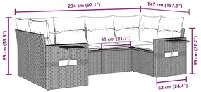 6 pcs conjunto sofás de jardim c/ almofadões vime PE preto