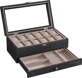 Caixa para relógios 19 x 34 x 12,5 cm com 12 compartimentos em madeira maciça com tampa de vidro preto 