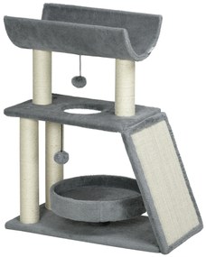 PawHut Arranhador para Gatos Altura 76 cm com 4 Postes de Arranhar Cama Plataforma em U Almofada para Arranhar Cinzento
