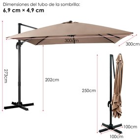 Guarda-sol de jardim 300 cm com manivela 3 inclinações Rotação de 360° 8 hastes Base cruzada Guarda-sol de exterior Castanho