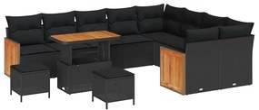 Conjunto de Sofá para Jardim vidaXL com 12 Peças e Almofadas Preto Vime Poliéster Acácia