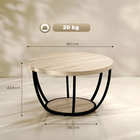 Mesa de Centro Redonda para Sala com Prateleira e Estrutura Metálica 80x80x43,8 cm Carvalho