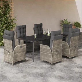 vidaXL 7 pcs conj. jantar p/ jardim c/ almofadões vime PE cinza-claro