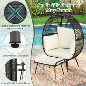 Conjunto de cadeira grande Jardim em forma de ovo com apoio para os pés em rattan PE com almofadas macias Castanho