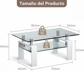 Mesa de Centro com Estante Inferior, 99,5 x 59,5 x 44,5 cm, Tampo em Vidro Temperado, Branco