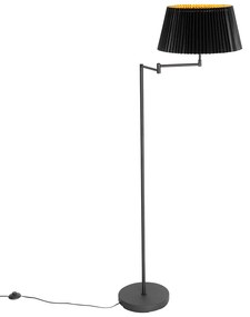 Candeeiro de pé preto com cúpula preta plissada e braço ajustável - Ladas Deluxe