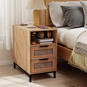 Mesa de cabeceira, Mesa apoio 60 x 35 x 61 cm em rattan com estação de carregamento e 2 gavetas estilo boho Natural e preto