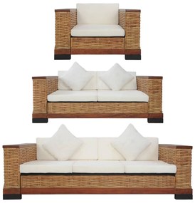 vidaXL 3 pcs conjunto de sofás com almofadões vime natural castanho