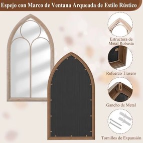 Espelho Painel 111,5x60,5cm Janela Estilo Fazenda Arqueado Moldura Metálica Antiexplosão Sala de Estar Entrada Lareira Jardim Cinza rústico