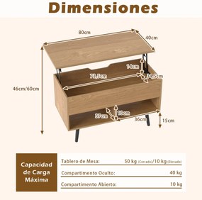Mesa de centro com tampo elevável 80 x 40 x 46 cm, compartimento oculto e 2 prateleiras para sala de estar Natural