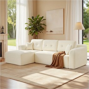Sofá de canto sem Montagem modular 150 x 244 x 73 cm com chaise longue branco creme