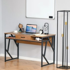 Secretária de estilo industrial, 120  x 60  x 76 cm, com gaveta + 2 nichos, base em metal preto, tampo com acabamento em madeira cor de nogueira
