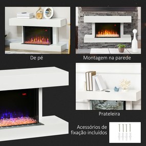 HOMCOM Lareira Elétrica 1000W/2000W Lareira Elétrica de Parede com Temperatura Ajustável Silenciosa Temporizador e Controlo Remoto para Ambientes de 15-25 m² 98x27x54,5 cm Branco