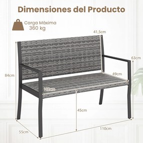 Banco de Jardim para 2 Lugares, 109 x 55 x 84 cm, Assento Acolchoado, Cinzento