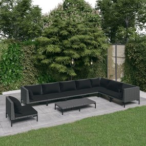 vidaXL 9 pcs conj. lounge jardim c/ almofadões vime PE cinzento-escuro