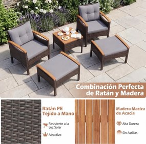 Conjunto  de jardim de 5 peças em vime e rattan, com 2 poltronas, 2 pufes, mesa em madeira de acácia Castanho misturado e cinzento