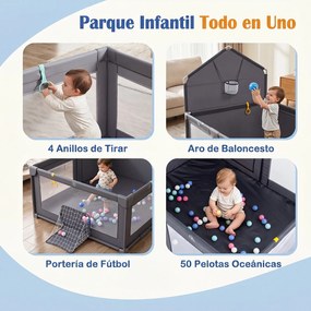 Parque Infantil Dobrável, 223 x 150 x 163 cm, Estrutura Metálica Reforçada, Cinzento-escuro