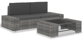 3 pcs conjunto lounge de jardim vime PE cinzento