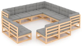 11 pcs conjunto lounge de jardim c/ almofadões pinho maciço