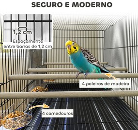 Gaiola para Pássaros com Divisória Rodas Gaiola para Aves com Comedouros Poleiros e Bandeja Removível 76x46x116 cm Preto