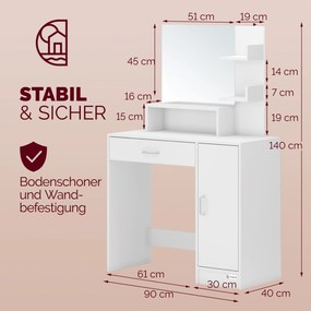 Toucador de maquilhagem 140x90x40cm inclui banco com rodas branco