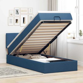Cama Otomana com Colchão & LEDs Tecido Azul 90x200 cm