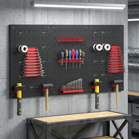 Organizador de Ferramentas de Parede com 28 Peças cada painel 60x40 cm com Ganchos e Suportes Preto e Vermelho