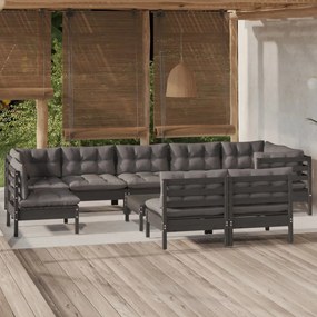 vidaXL 10 pcs conjunto lounge jardim c/ almofadões pinho maciço preto