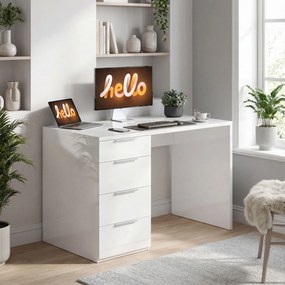 Secretária de computador de alto brilho com 4 gavetas, 110 x 60 cm, secretária com espaço de arrumação, estilo moderno, branca