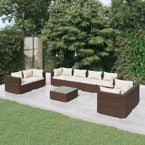 vidaXL 9 pcs conjunto lounge jardim c/ almofadões vime PE castanho