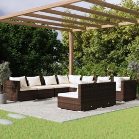 vidaXL 9 pcs conjunto lounge jardim c/ almofadões vime PE castanho
