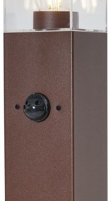 Candeeiro de exterior castanho ferrugem com vidro transparente 80cm IP44 com tomada e sensor de movimento - Malios Moderno