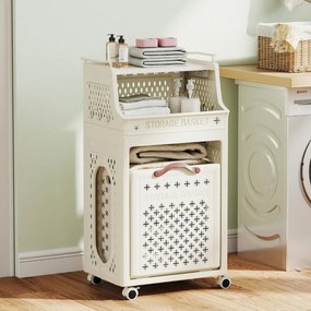 Cesto de roupa suja 44 x 29,5 x 78 cm com rodas dobrável com várias camadas, estante superior, recipiente e ganchos organizadores bege