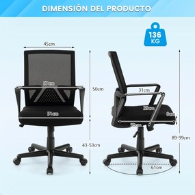 Cadeira de secretária ajustável em altura com 5 rodas e uma pequena cadeira de secretária com braços Carga 136 kg 61 x 61 x 89-99 cm Preto