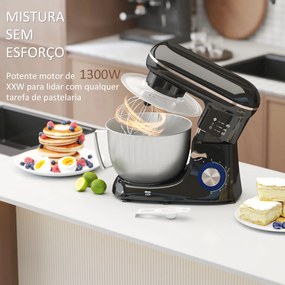 Batedeira 133W 4,5L com 6 Velocidades Tigela de Aço Inoxidável Ganchos e Proteção Tampa Anti-Respingos 35x22x29 cm Preto