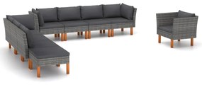vidaXL 9 pcs conj. lounge jardim vime PE e madeira eucalipto cinzento