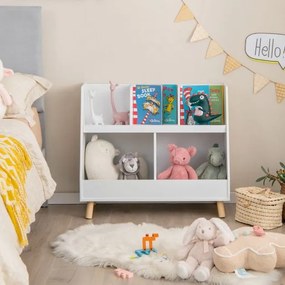Organizador de brinquedos de 5 compartimentos para crianças Baú de 2 níveis com pernas de madeira Kits anti-queda Estante aberta para crianças Branco