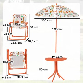 Conjunto de jardim infantil, mesa infantil com 2 cadeiras dobráveis e guarda-sol de Ø 100 cm, com motivos de animais, cor laranja