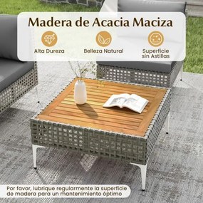 Conjunto de jardim de 7 peças em rattan PE com mesa em madeira de acácia, almofadas removíveis e pés ajustáveis em metal cinzento