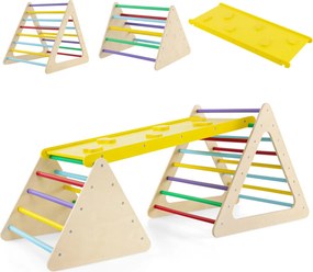 Conjunto de escalada 3 em 1 para crianças 2 escadas triangulares e 1 rampa para deslizar e escalar ponte de madeira multicolorida