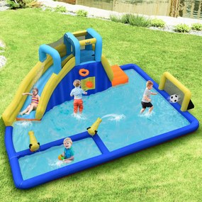 Castelo de água insuflável com ventilador 680 W 6 em 1 Parque aquático para crianças com 2 piscinas Parede de escalada 526 x 373 x 203 cm Azul, amarel