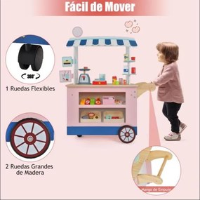 Carrinho brincar de comida e snacks para crianças 3+ anos com máquina POS Estante para bebidas Área de exposição Rodas