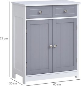 Móvel de casa de banho com 2 gavetas 60 x 30 x 75 cm, armário de duas portas e prateleira ajustável,  cinzento