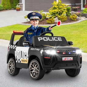 Carro de Polícia Carro Elétrico com Bateria de 12V 7A Controlo Remoto Ligação Sem Fios Música Sirene e Luz LED Intermitente Preto