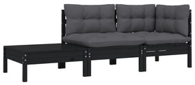 3 pcs conjunto lounge jardim c/ almofadões pinho maciço preto