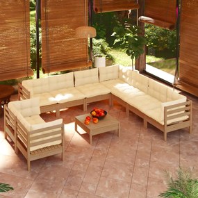 10pcs conj lounge jardim + almofadões pinho maciço castanho-mel