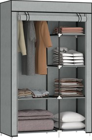 HOMCOM Roupeiro Tecido Dobrável 6 Prateleiras 1 Barra Pendurar Espaço Extra Dormitório 103x43x162,5cm Cinza | Aosom Portugal